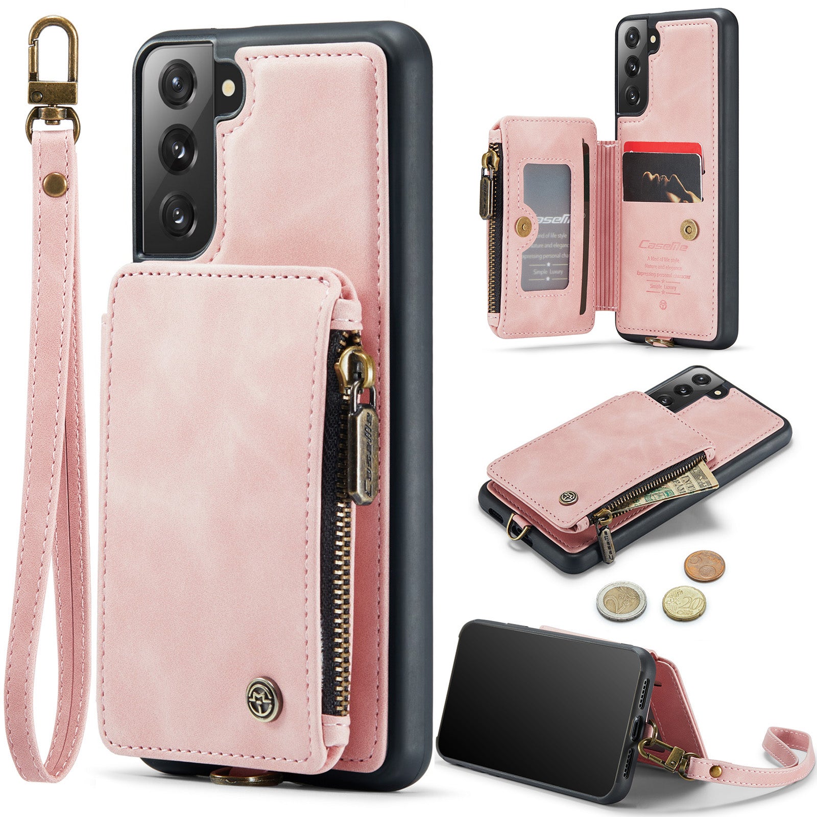 CASEME C20 Series for Samsung Galaxy S21 FE 5G Zipper Pocket RFID Blocking Phone Case PU Leather Coated TPU Kickstand Cover with Strap CASEME C20 Series for Samsung Galaxy S21 FE 5G Zipper Pocket RFID Blocking Phone Case PU Leather Coated TPU Kickstand Cover with Strap
